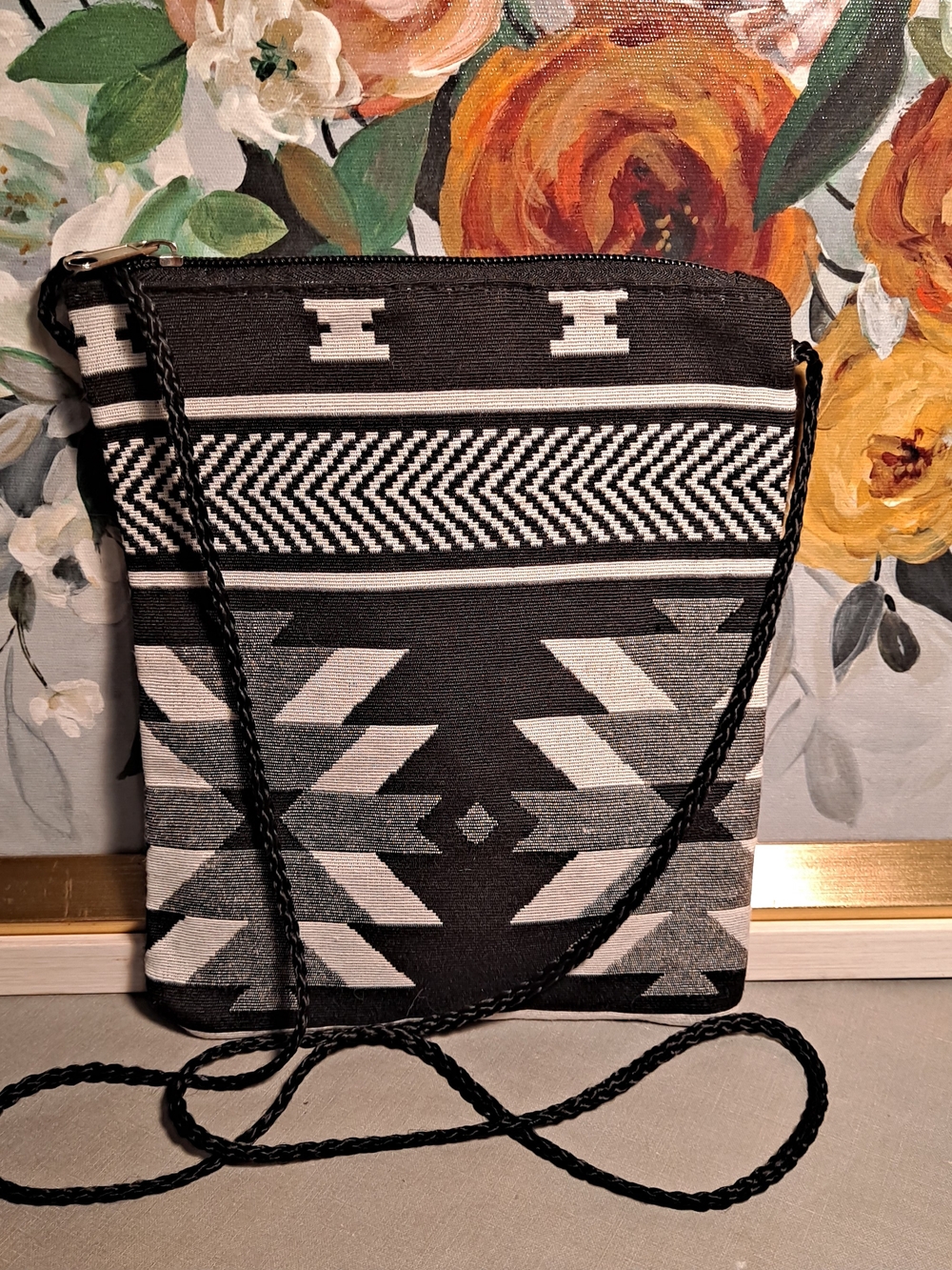 Native Northwest Black White Gray Indigenous Geometric Crossbody Pouch